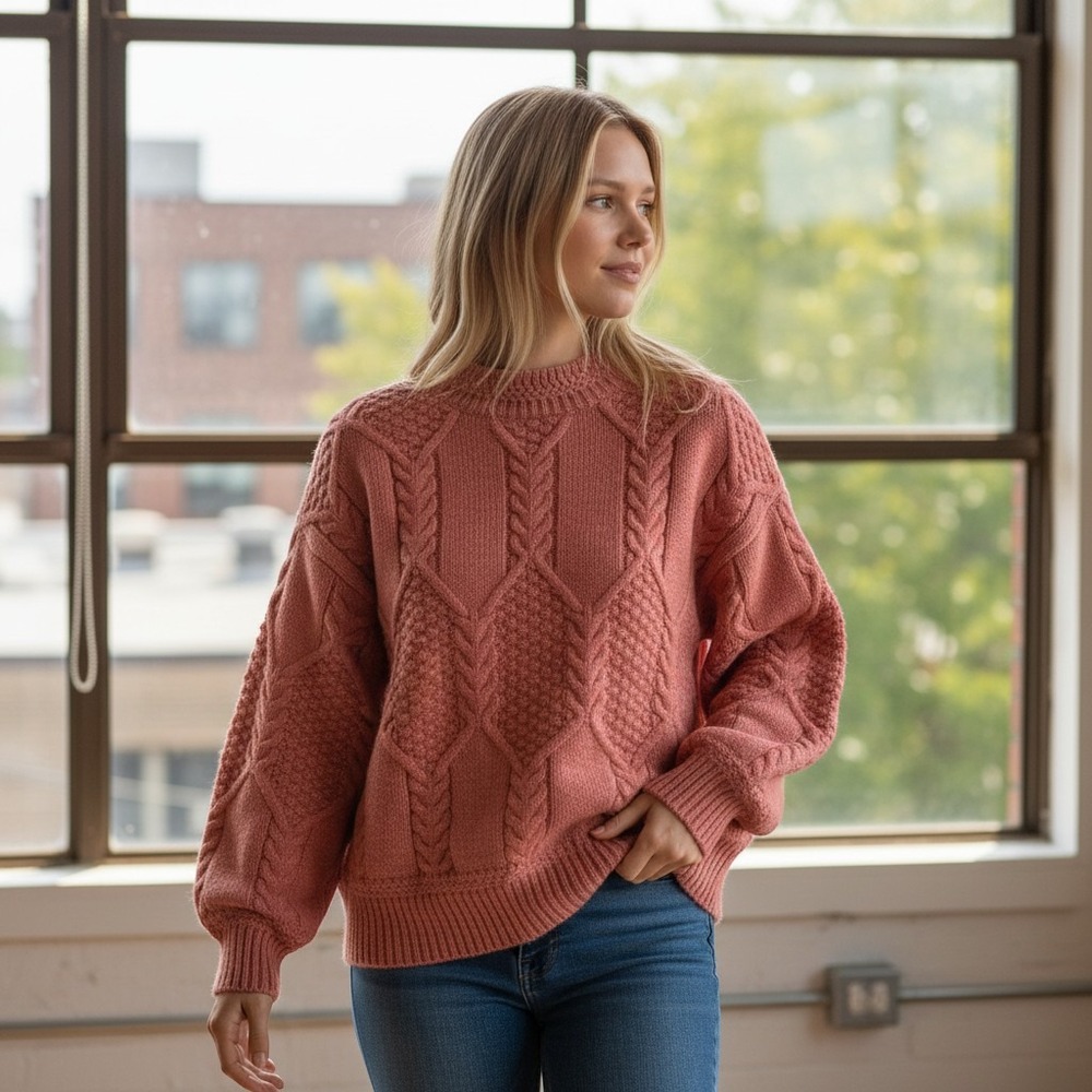 FRNCH Paris Coral Pink Cable Knit Fisherman Sweater Cutout Back Size S